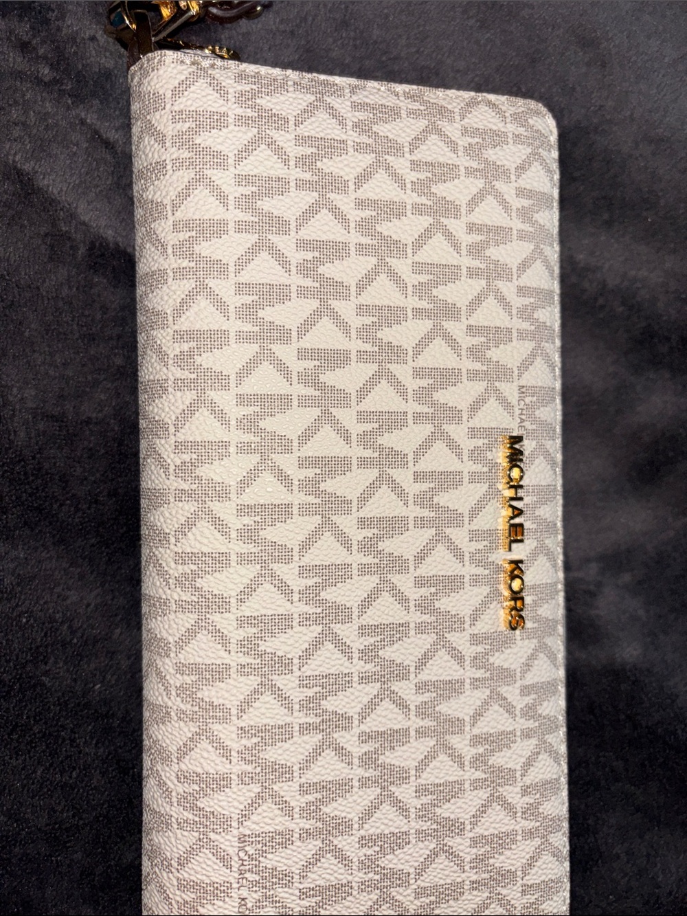 Michael Kors Cream and Gray Signature Logo Wristlet Wallet with Gold Hardware